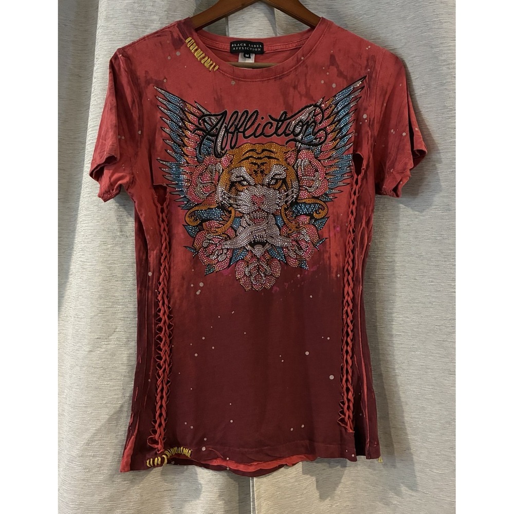 Affliction Black Label Womens T-Shirt Rhinestone Tiger Wings Grunge Red Medium